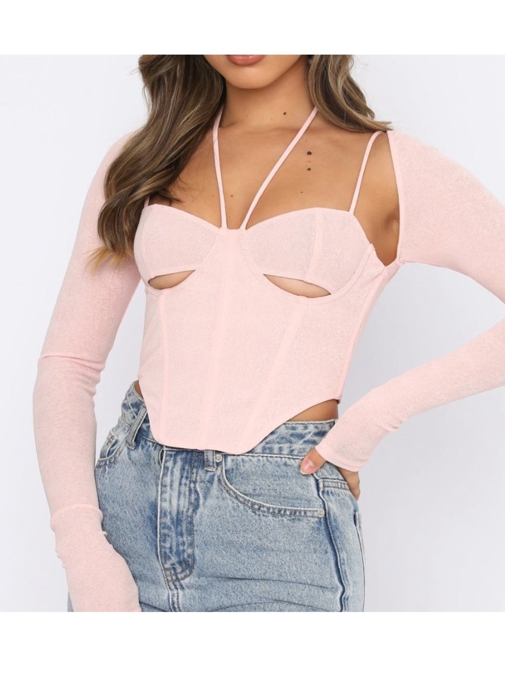 White Fox Boutique Blush Pink Corset Crop Top with Removable Sleeve Bolero